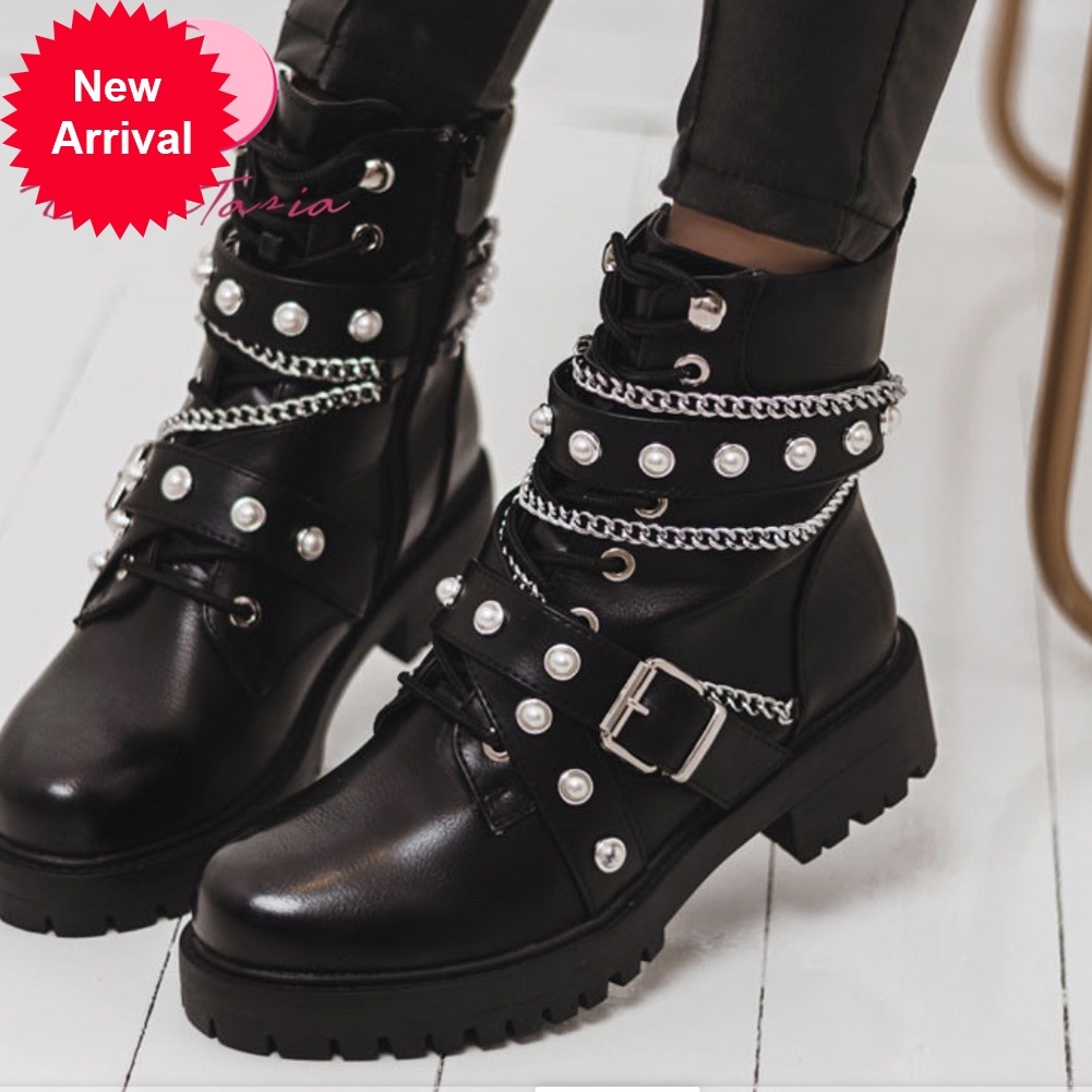 

2021 The New New Fashion Chunky Women Heels Ankle Pearl Chain Women's Boots Girl Shoes 73ez, Black