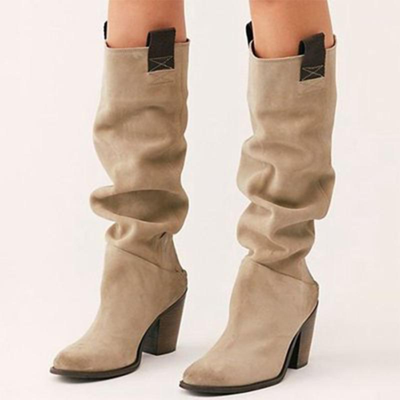 

2020 Women Fashion Platform Boots Mid-Calf Boots Slip On Solid Low Heels Ladies Casual Warm Shoes For Winter Plus Size1, Beige