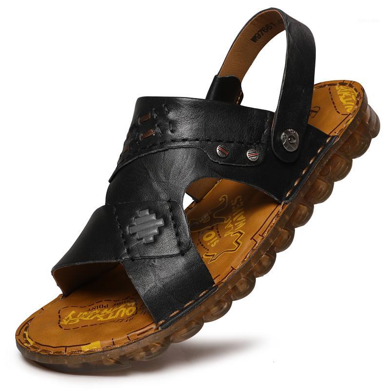 

Men's Leather Sandals Summer Genuine Leather Shoes Plus Size Breathable Good Quality Casual Sliipers1, Black