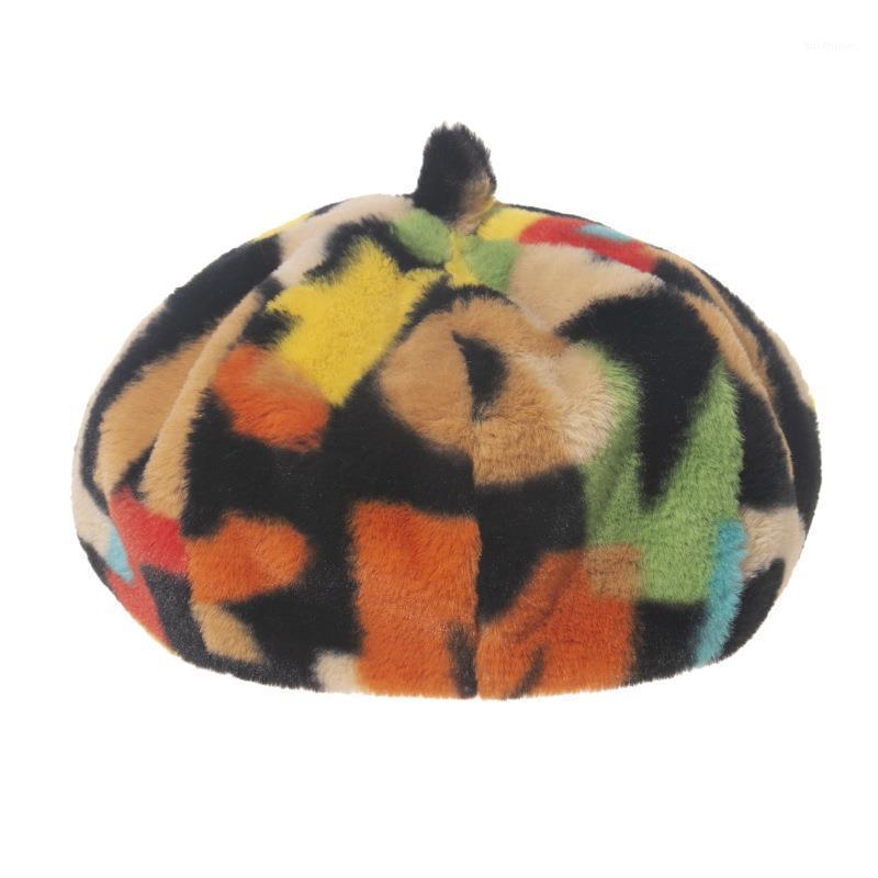 

New Fashion Lady Faux Fur Rainbow Letter Pattern Berets Hats Caps Women Winter Gorros Mujer Painter Cap1, Black