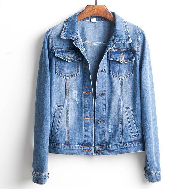 

Plus Size Ripped Hole Cropped Jean Jacket 5Xl Light Blue Bomber Short Denim Jackets Jaqueta Long Sleeve Casual Jeans Coat Female