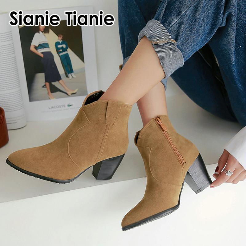 

Sianie Tianie 2020 winter autumn V-cut design faux suede 7cm high heels pointed toe sexy classic women pumps ankle boots bootie, Gray
