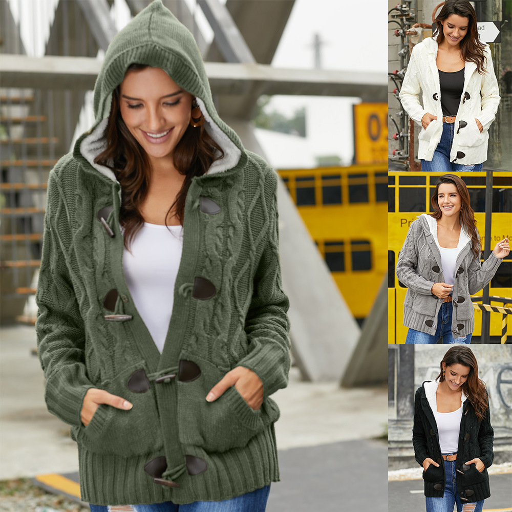 

2021 Winter Jacket Long Sleeve, Casual Velvet Cardigan with Women' Hood Clothes on Vnuk, Black.