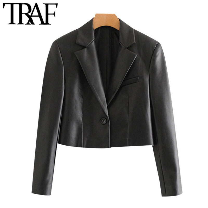TRAF Women Fashion Faux Leather Cropped Blazers Coat Vintage Notched Collar Long Sleeve Female Outerwear Chic Tops 201114Z