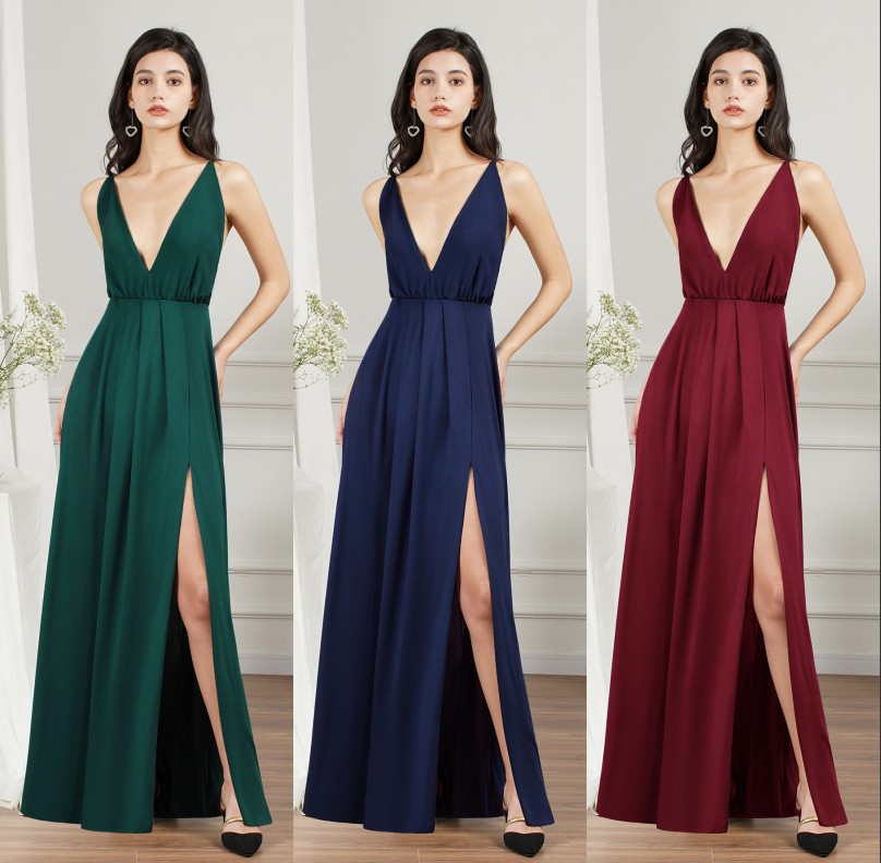 Lowest Price Chiffon Bridesmaid Dresses Summer Beach Bohemian Maid of Honor Gowns Sexy Backless Split Plunging V Neck Women Party Vestidos cps3008