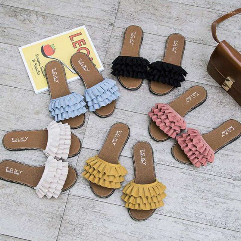 

Fashion Women Summer Slippers Sweet Girls Ruffles Flats Flip Flops Beach Slides Women Shoes Zapatos De Mujer JJ181, Beige peacock