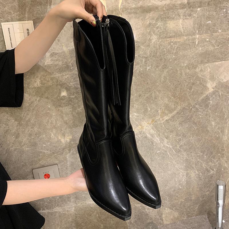 

Pu Leather Women Knee High Boots Vintage Pointed Toe Western Cowboy Boots Woman Black Beige Square Heel Shoes Female