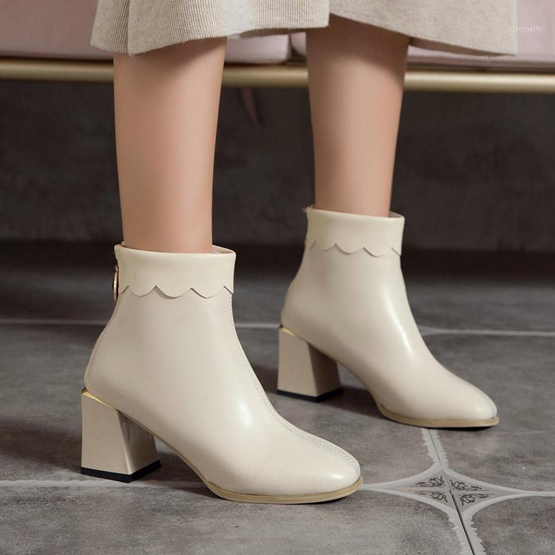 

2020 Winter Woman Ankle Boots Begie High Heels Dress Shoes Ladies Square Heels Booties Black Wave flanging botas mujer 8714G1, Beige