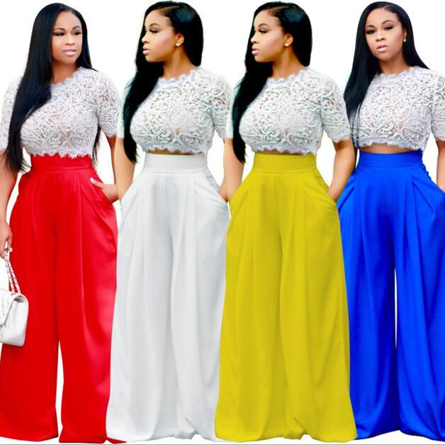 

Women's Two Piece Pants Europe and America ladies Perspective Lace Tops Fashion Wide Leg Pants Set casual style irregular wide leg yoga pants, Yellow