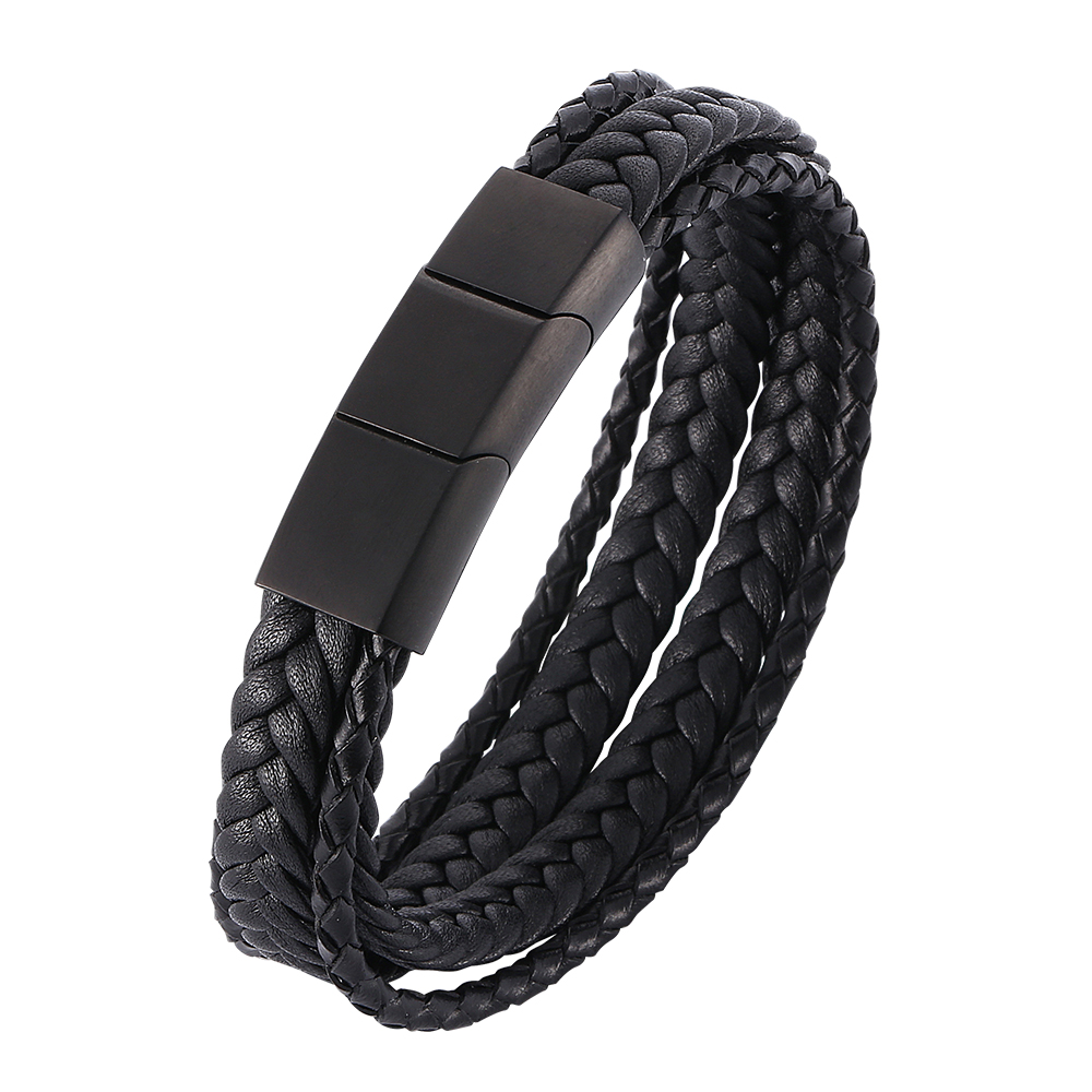 

Mens Heavy Genuine Leather Braided Mixed Rope Layered Bracelet Black Magnetic Buckle