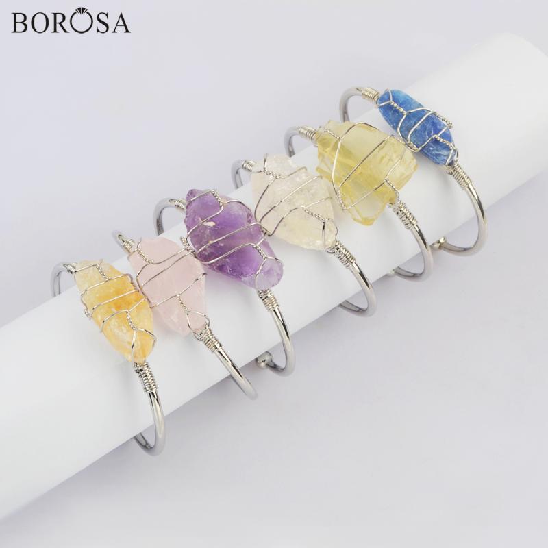 

Raw Healing Crystal Bangles Silver Color Wire Wrapped Natural Stone Bangles for Women, Rough Healing Stone Bangle for Women