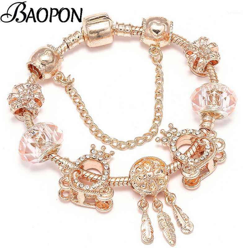 

Rose Gold Crown Beads Charms Bracelets For Women With Feather Pendant Safety Chain Bracelets Bangle As Lover Gift Accessories1