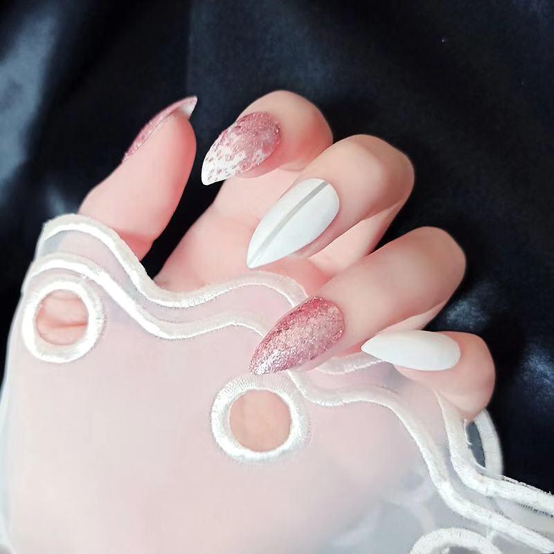 

Pink Glitter Fake Nails Wedding Bride False Nails with Glue 24pcs Stiletto Bling Full Nail Tips, As pic
