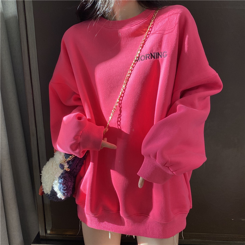 

2021 New Letter printed sleeve women's solid casual fashion all-match around the neck top autumn and winter S9HI, Rhodo.