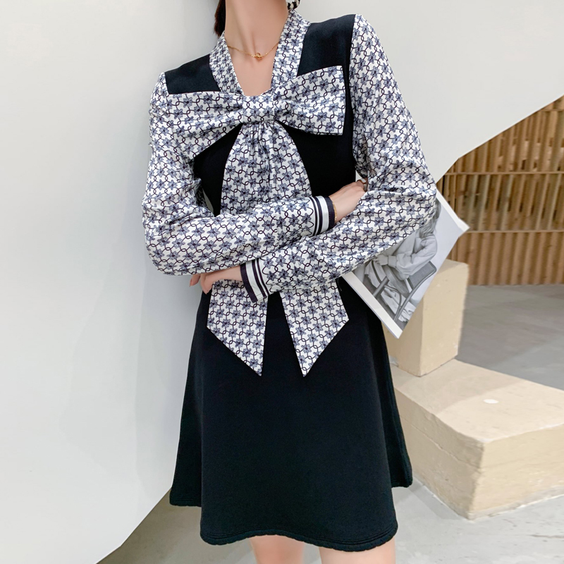 

2021 Spring New Retro-ethnic Style Printing Arch Knot Long Thin Sleeve Temper Strain Mesh Mini Dress Women' Clothing T2r1, Black