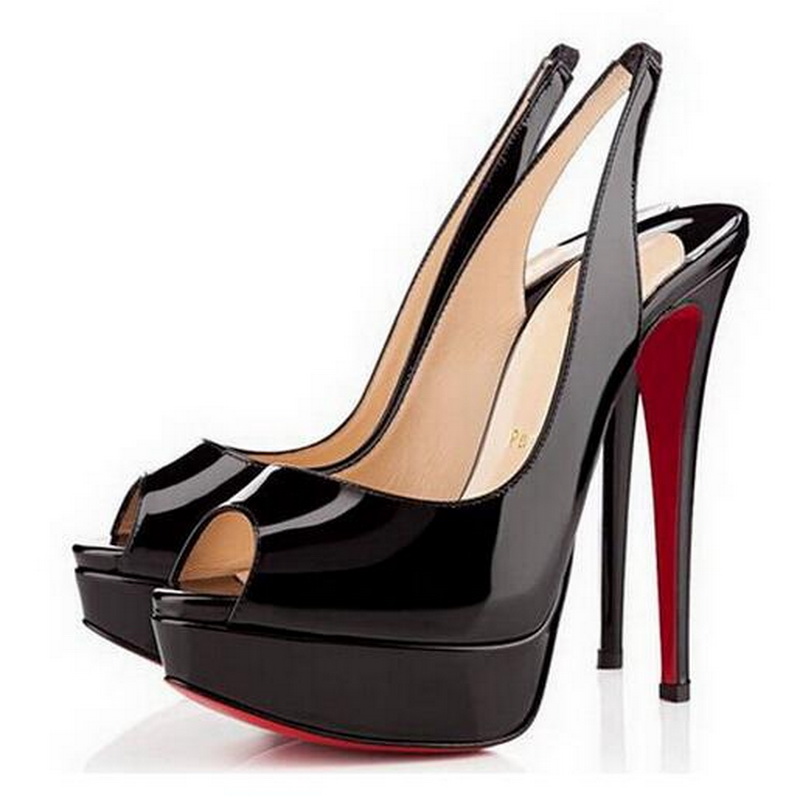 

Brand designer Mouth 14cm Red Bottoms High Heels ,Brand Women Black Patent Leather Platform Peep-toes Sandals Shiny Leather Shoes EU 45