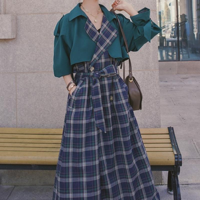 

EWQ] 2021 Spring Long-sleeved Turn Down Collar Double Breasted Patchwork Plaid Loose Over Knee Wind Breaker Overcoat With Belt, Dark green