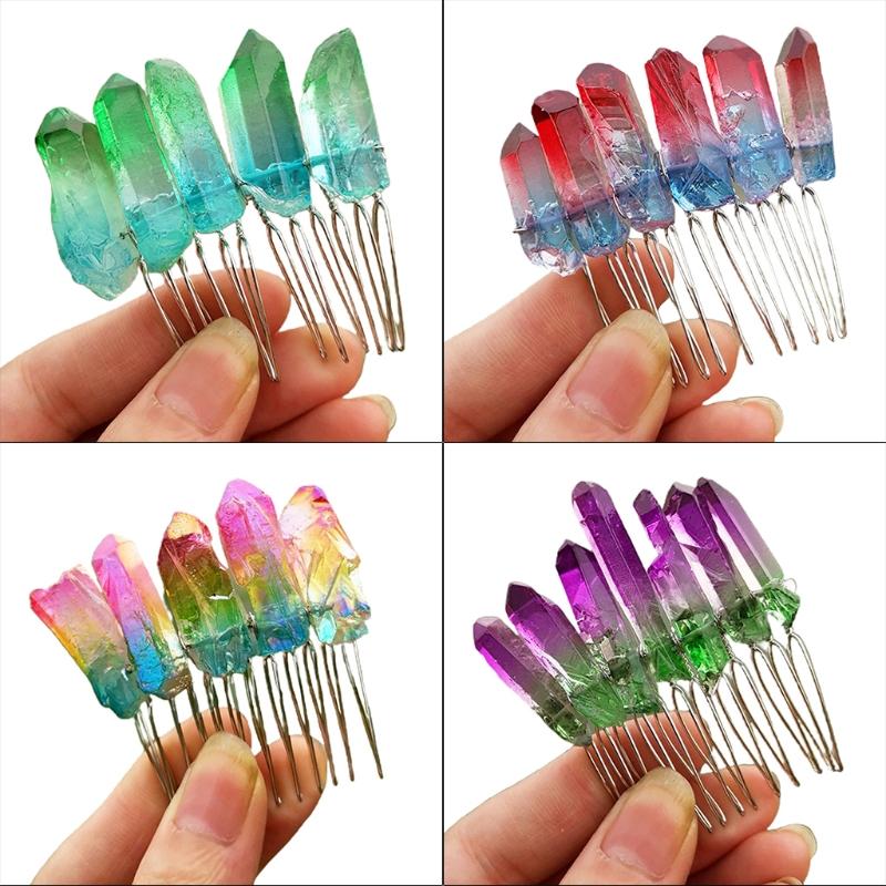 

Gradient Ombre Rainbow Raw Quartz Hair Comb Contrast Colored Imitation Crystal Stone Wedding Tiara Ponytail Clip Hairpin