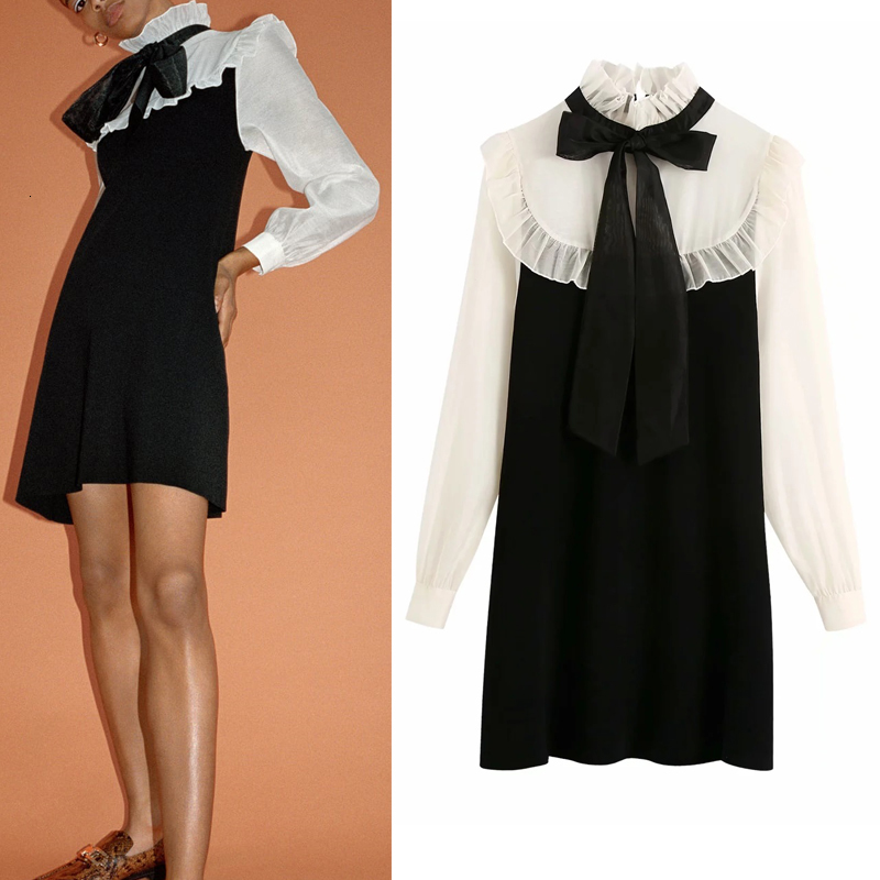 

2021 New Organza Patchwork Black Mini Knitted Women Autumn High Neck Bow Tied Long Sleeve Ruffle Dress Woman Kawaii Dresses I7nl