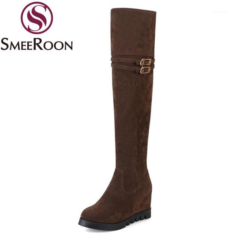

Smeeroon thigh high boots round toe height increasing winter boots concise high quality buckle over the knee woman shoes1, Black