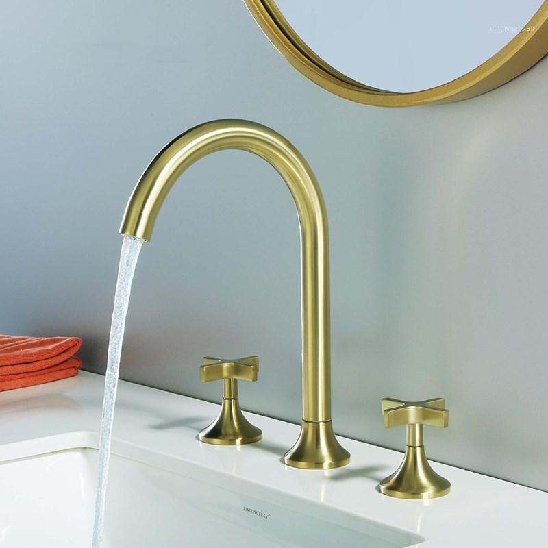 

Brush Gold Bathroom Basin Faucet 8 inch Widespread Lavatory Mixer Tap Brass Three Hole Sink tap Brass sink faucet1