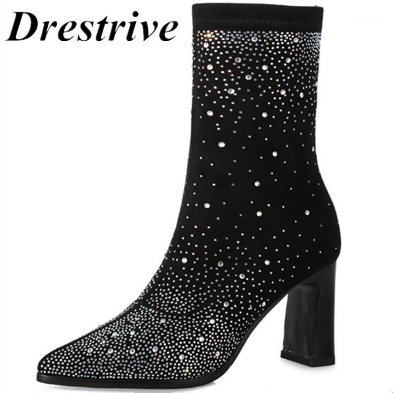 

Boots Drestrive Customized Women Mid Calf Elastic Thick High Heel Female Winter Shoes Crystal Pointed Toe Big US Size 4-131, Black winter