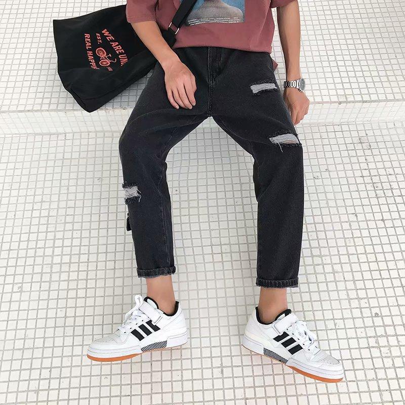 

Summer 2020 Fashion thin ripped jeans Korean loose casual ankle length pants Hong Kong style trendy handsome straight male pants1, Black