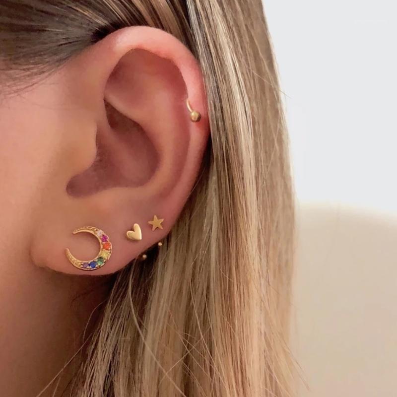 

Stud ELESHE 925 Sterling Silver Rainbow Zircon Moon Earrings For Women Piercing Luxury Crystal Fine Jewelry Wedding Accessories, Golden;silver