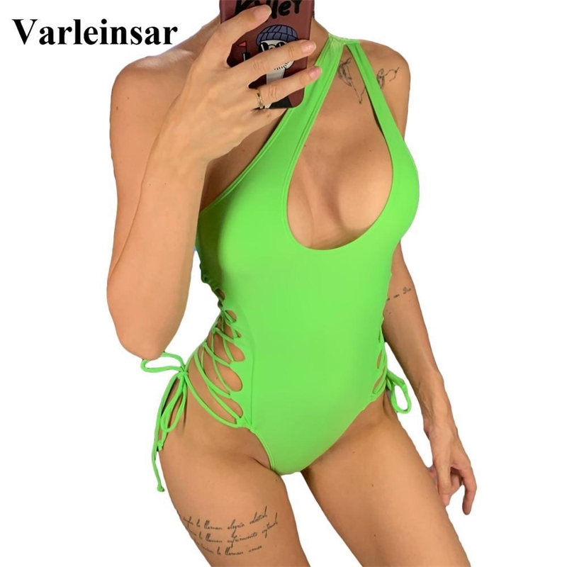 

Sexy One Shoulder Lace Up One Piece Swimsuit Women Swimwear Female Bather Wrap Around Bathing Suit Swim Wear V1408 Y200319, Green