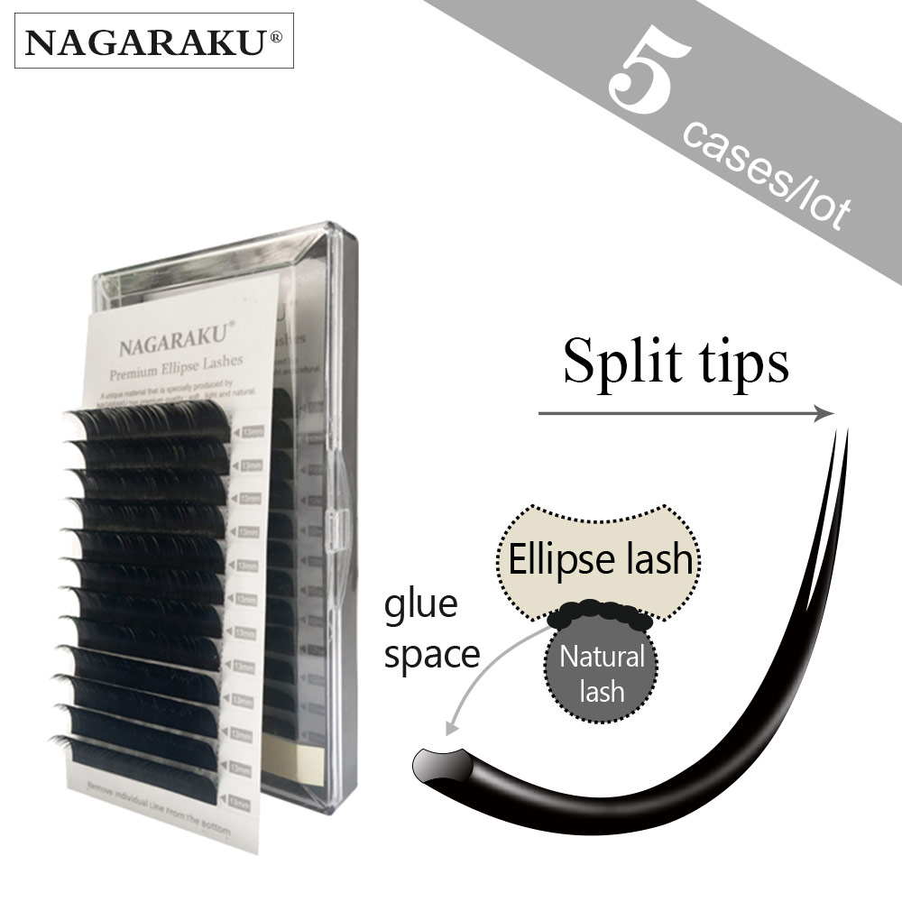 

NAGARAKU 5 cases Flat Ellipse Eyelashes Extensions split tips soft and light false eyelashes thickness 0.15 0.20 mm
