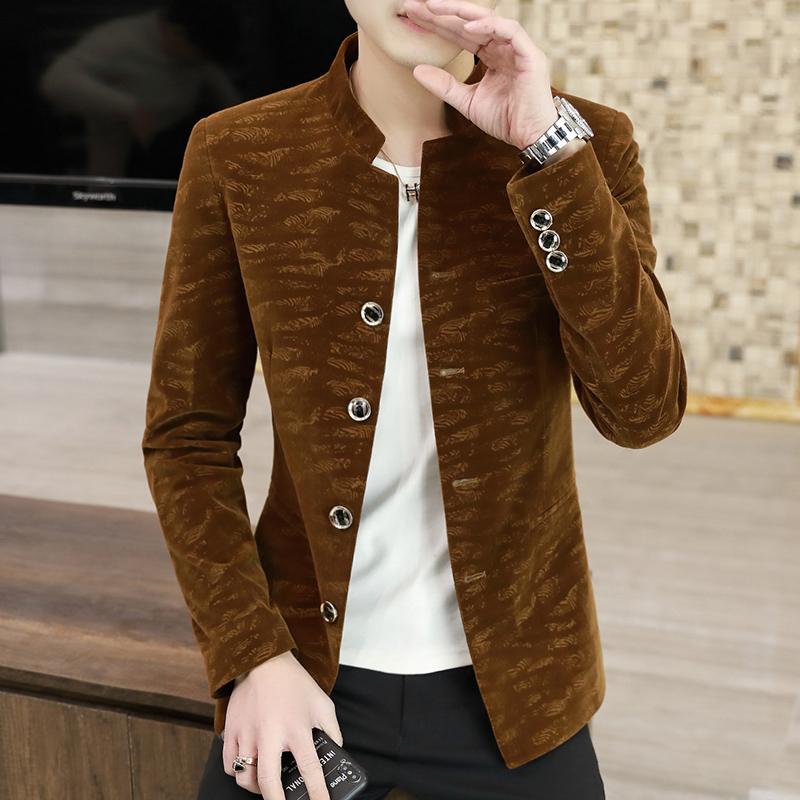 

Men's 2021 Spring Fall Standing Collar Men's Suit slim-fitting velour suit jacket Chinese Mao business casual coat, Black