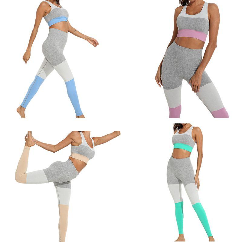 

2pcs Womens Workout Set Yoga Outfits Seamless Open Racerback Sports Bra Crop Top Leggings Fitness Running Tights Tracksuits, Blue