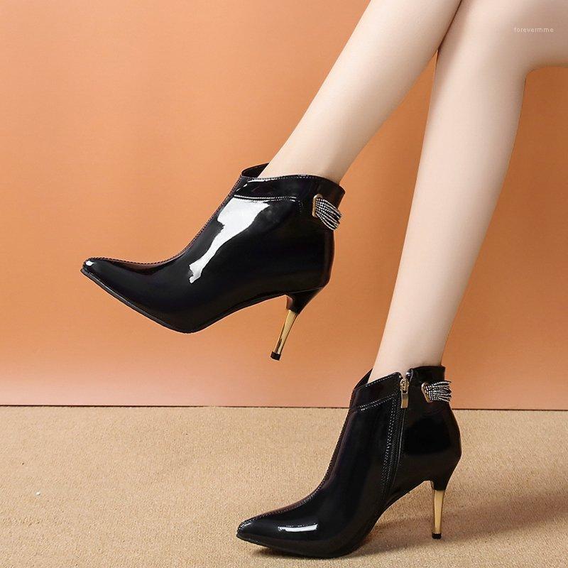 

Rimocy Womens High Heel Ankle Boots Autumn 2020 Sexy Pointed Toe Crystal Chains Black Patent Leather Boots Shoes Woman Booties1