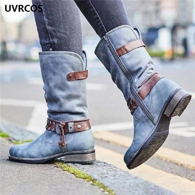 

Hot style female boots new Europe and the United States in 2020 pure color belt buckle side zippers boots, Blue