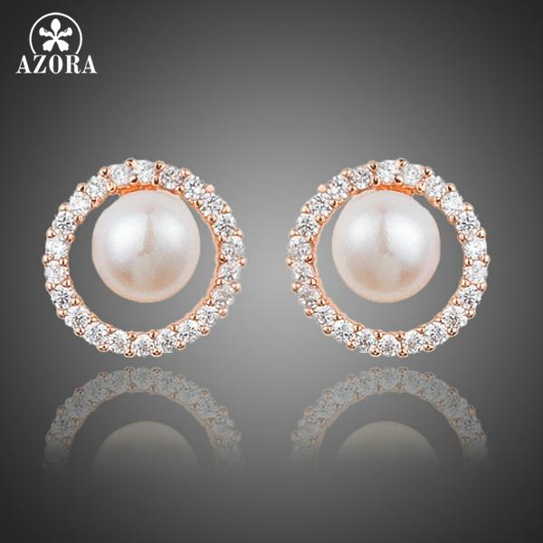 

AZORA Noble Shaped Imitation Pearl Stud Earrings Serround One Row Rose Gold Color Jewelry TE0212