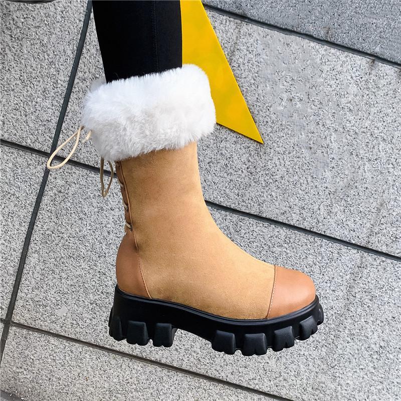 

YMECHIC Fashion Cross Tied Back Lace Up Block High Heels Winter Yellow Black Snow Boots Warm Plush Mid Calf Boot Woman Shoes1