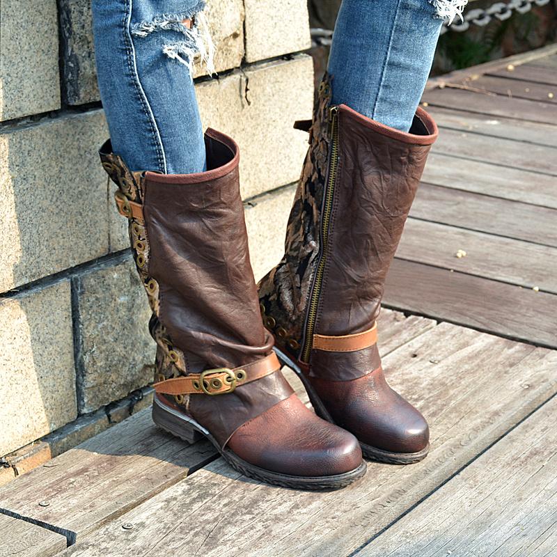 

Genuine Leather Women Winter Boots Vinatge Riding Boot Flat Shoes Rivets Mid-Calf Platform Rubber Botas Militares, Black