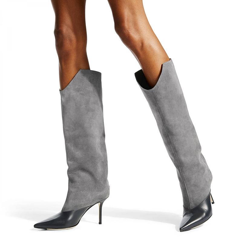 

Elegant Grey Wide Shaft Boots Patchwork Sexy Pointy Toe Knee High Women Office Shoes Winter Spring Slip On Suede Long Boots, As pic