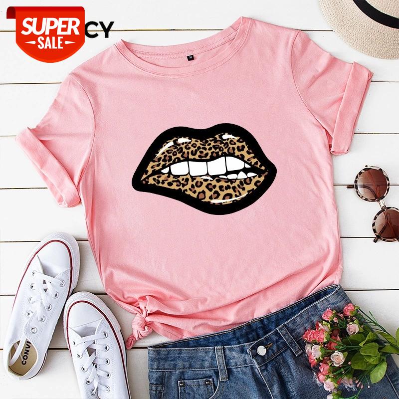 

JFUNCY 100% Cotton Summer Women T Shirt Sexy Leopard Lips Print Woman T-shirt Plus Size Loose Short Sleeve Female Tee Tops #RY3I, White