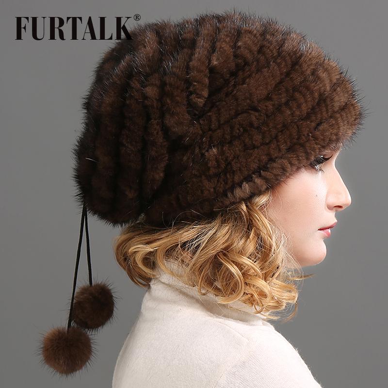 

FURTALK Beanie Hat for Women Winter Knitted Real Fur Russian Hat Warm Fur Beret Cap pompom Hats for Female 2020, Brown