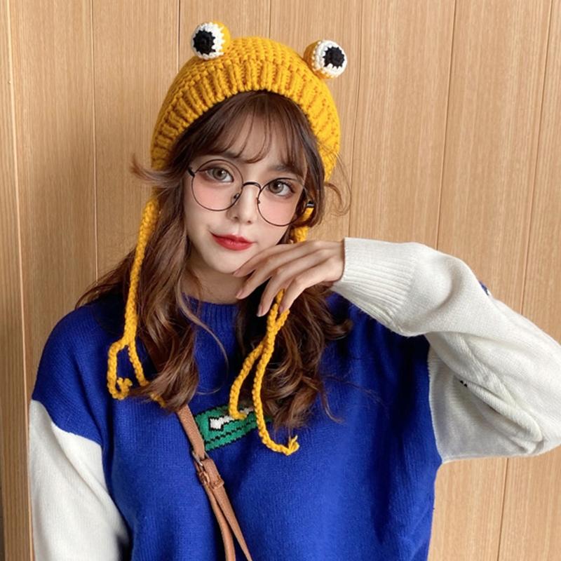 

Winter Chunky Cable Knitted Earflap Hat 2020 Women Cute Cartoon Animal Frog Eyes Solid Color Outdoor Windproof Skull Beanie Cap, Black