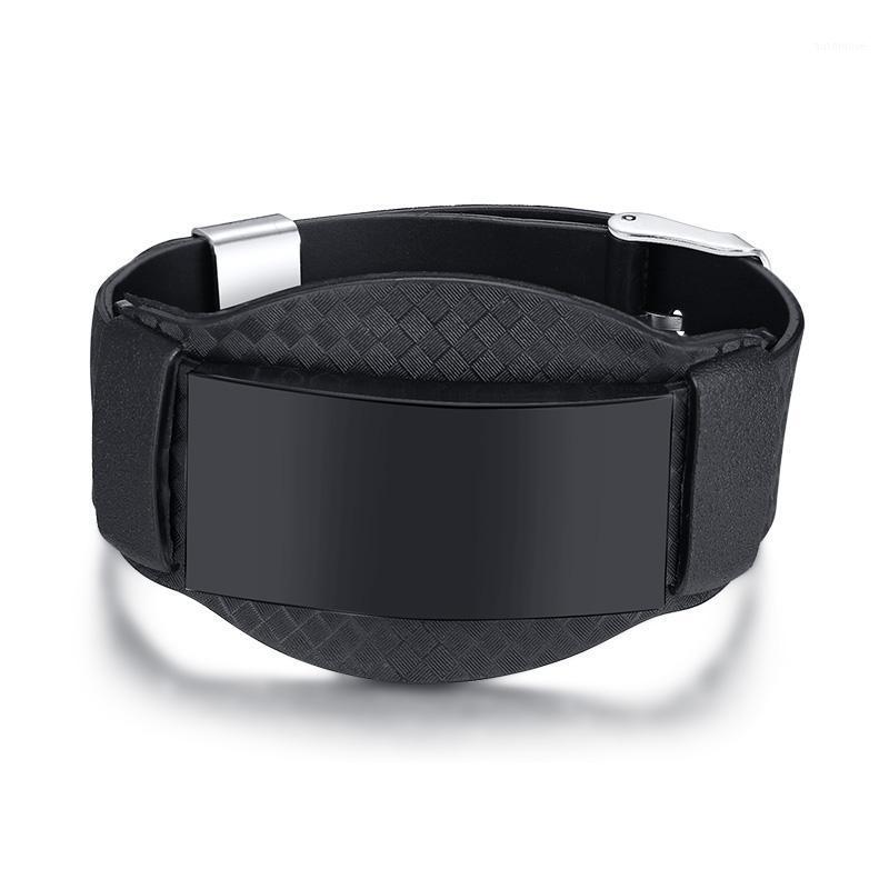 

Men Bracelets Carbon Fiber Wide Wristband with Black Stainless Steel ID Bar Bangle Gift for Him B002361