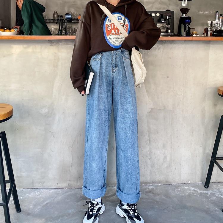 

Folds Jeans Womens High Waist Wide Leg boyfriend 90s Girl student Retro Denim Pants female Simple Casual Trousers 2020 Size -XL1, Blue