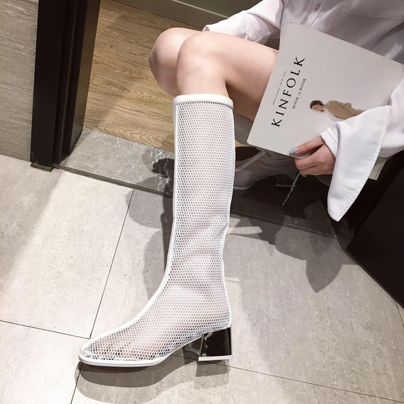 

2020 New Woman Sexy Breathable Mesh Sandal Boots Summer Knee High Boots for Women Ladies Low Heel Sandals Shoes Women, Black
