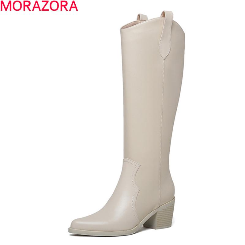 

MORAZORA 2021 New Brand women boots thick heels pointed toe black rice white color knee high boots top quality winter, Black with fur