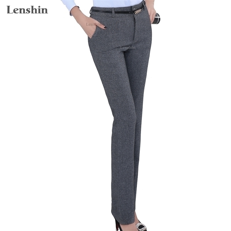 

Lenshin Plus Size Formal Adjustable Pants for Women Office Lady Style Work Wear Straight Belt Loop Trousers Business Design 201228, Light gray pants