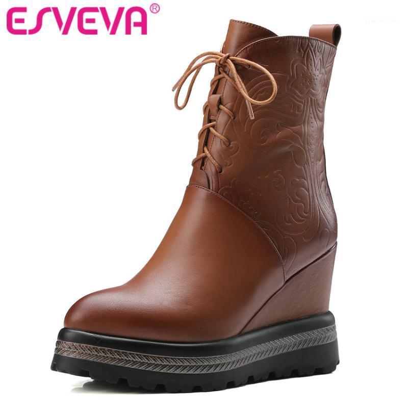 

ESVEVA 2020 Wedge High Heel Women Shoes Winter Ankle Boots Lace Up Motorcycle Concise Round Toe Platform Short Boots Size 34-421, Black
