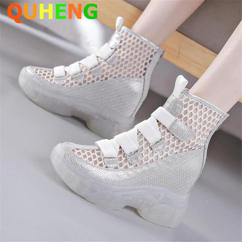 

Women's Platform Short Boots Spring Autumn Breathable Mesh Internal Increase Wedges Flat Boots Fashion Sequins Decoration Mujer, Black