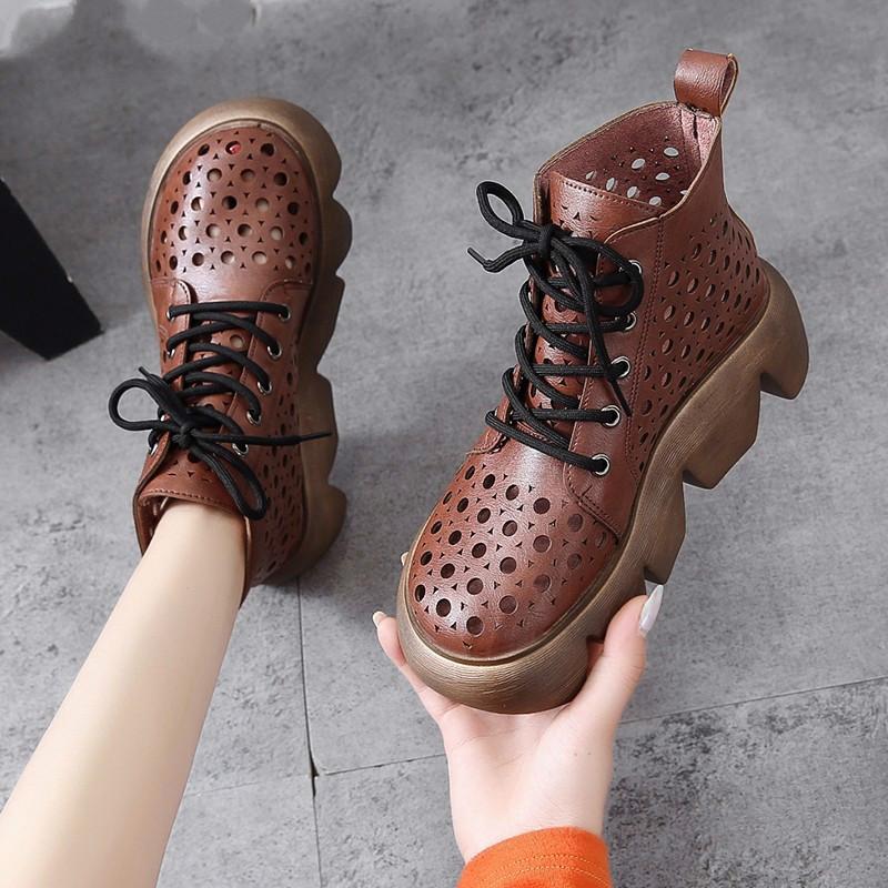 

2020 New Summer Women's Boots Fashion Lace-up Profiled Heel Sandals Round Toe Mid-heel Hollow PU Ankle Boots Zapatos De Mujer, Black