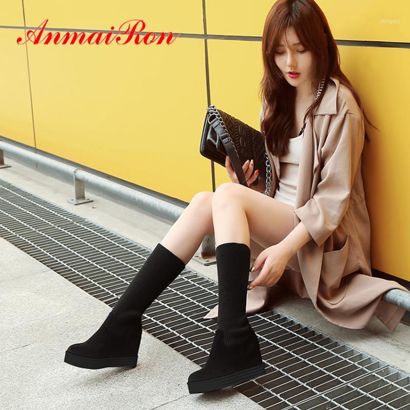 

ANMAIRON Stretch BootsMid-Calf Round Toe Height Increasing Straight and Flanging Women Shoes Microfiber Short Plush Solid Boots1, Black